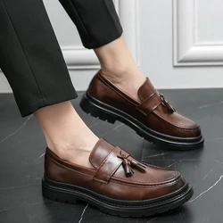 Men tassel loafers Black Slip-On Leather Shoes Soft Anti-slip Driving Shoes Man Moccasins Social Flat Dress Formal Shoes men