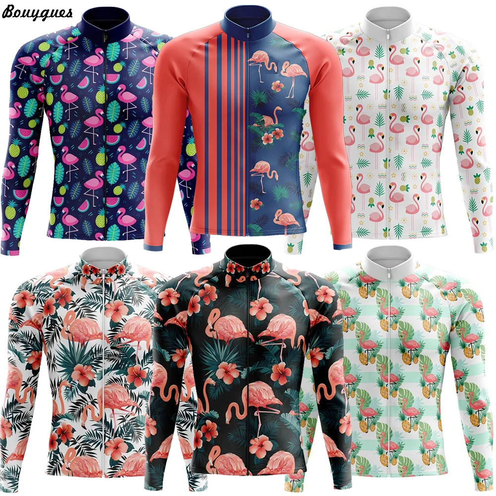 New Men Flamingo Cycling Jersey Set Long Sleeve Mountain Bike Cycling Clothing Breathable MTB Bicycle Clothes Wear for Mans