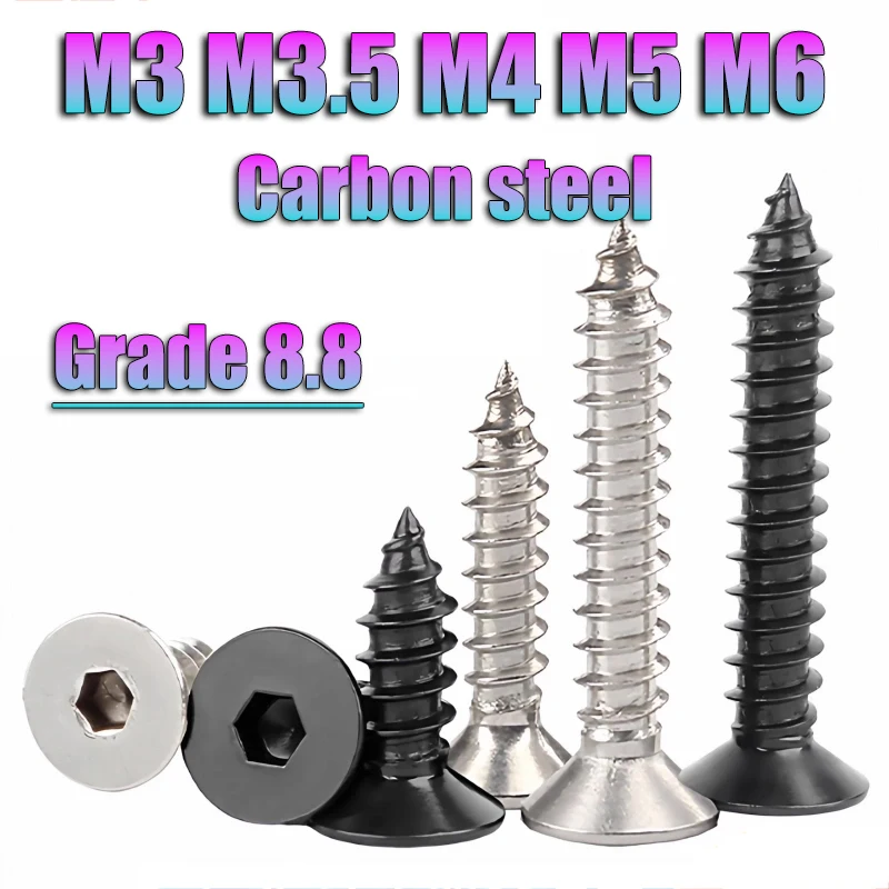 M3 M3.5 M4 M5 M6 Black Grade 8.8 Carbon Steel Allen Hex Socket Flat Countersunk Head Self Tapping Screw Allen Drive Wood Screws