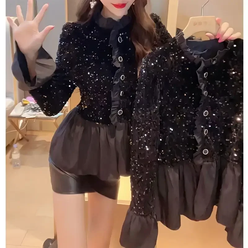 

Fashion Splicing Sequin Jacket Women Single-breasted Plicated Long Sleeve Tops Female Spring Casual Solid Black Coat Z355