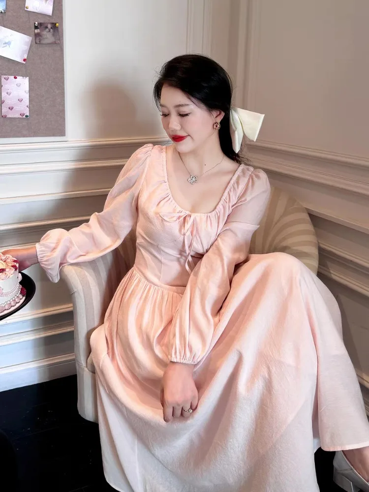 Korejepo Women Pink Long Sleeved Dress Autumn Gentle Thin Goddess Gentle Princess Sweet Temperament Fairy Skirt Long Dresses