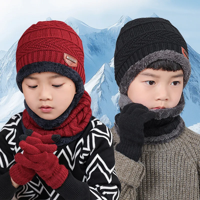 

3Pcs Children Winter Hat Scarf Gloves Set Plush Lining Winter Kids Beanie Hats Suit Non Slip Gloves Neck Warmer Child Cap 4-10Y