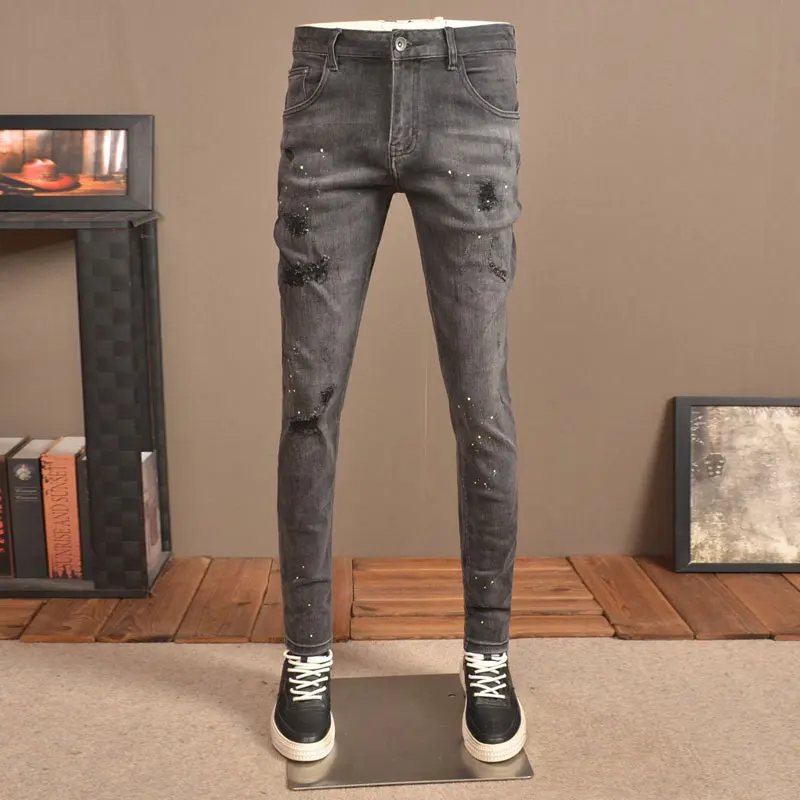 Fashion Streetwear Men Jeans Retro Blue Stretch Skinny Fit Ripped Jeans Men Patched Designer Vintage Casual Denim Pants Hombre