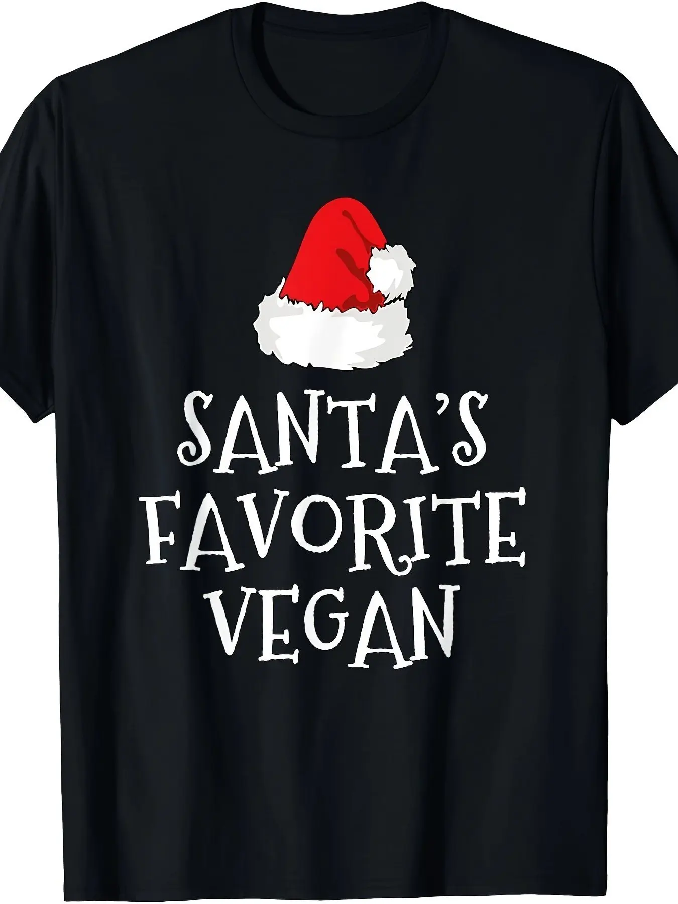

Santa's Favorite Vegan Christmas Funny Hat Graphic T-Shirt - 100% Cotton, Casual Crew Neck Short Sleeve Men's Shirt, 220g, Casual Style, Casual Outing Occasions, Regular Fit, All Seasons