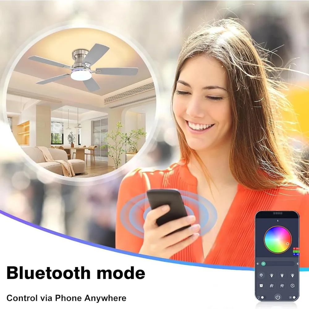 조명 포함 천장 선풍기, 48인치 로우 프로파일 천장 선풍기 (조명 및 리모컨 포함), 매립형 RGB 디밍 조명, 저소음