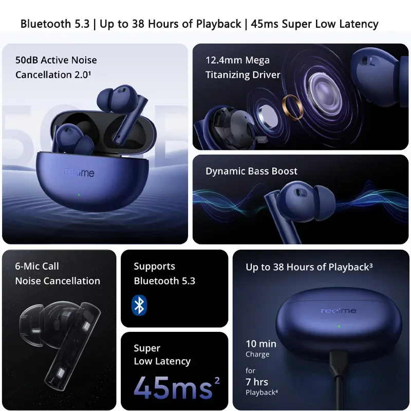 Global Version realme Buds Air 5 TWS Earphone 50dB Active Noise Cancelling True Wireless Bluetooth 5.3 38H Battery Life Headset