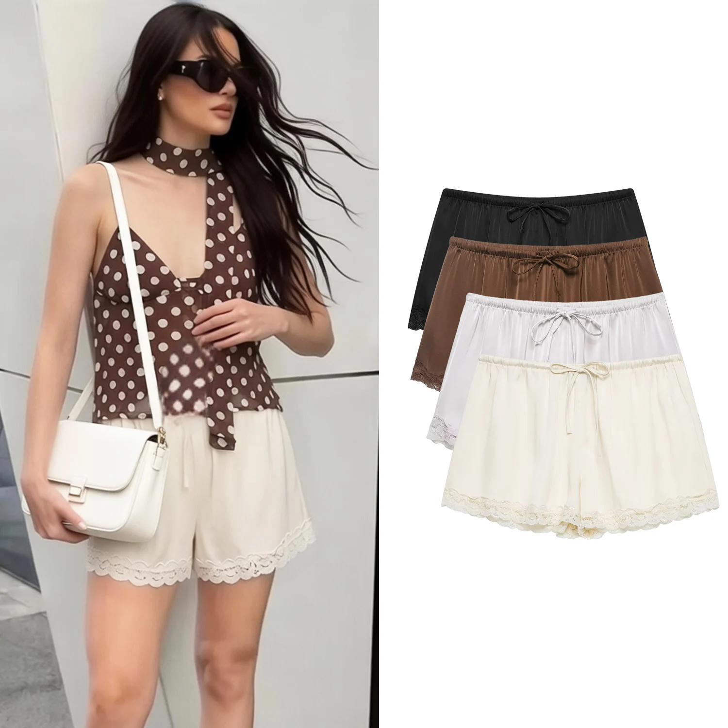 Shorts de Satén con Encaje para Mujer, Verano, Nuevo, Moda Femenina, Cintura Elástica con Cordón, Lazo, Elegante, Ropa de Calle, Sexy, Mini Shorts