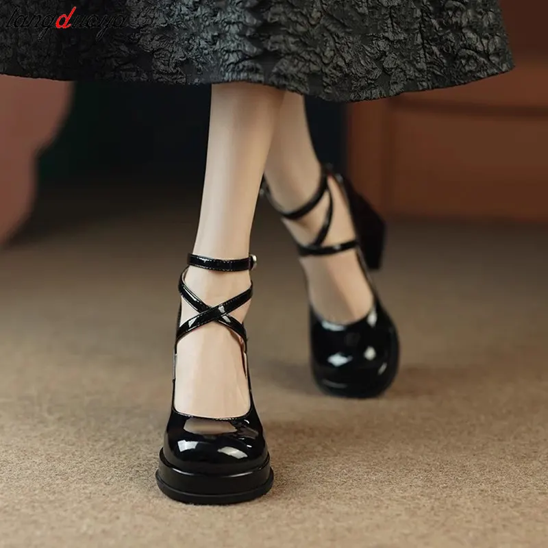 Women\'s summer Footwear on Heeled Shoes Woman New Elegant Vintage Lolita Mary Jane shoes Black Round Toe High Heels party shoes