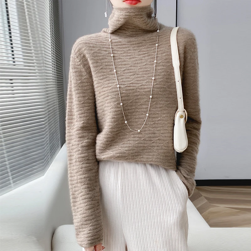 Fall/winter women's 100% merino sweater turtleneck pullover loose knit bottoming shirt long sleeve padded cashmere top
