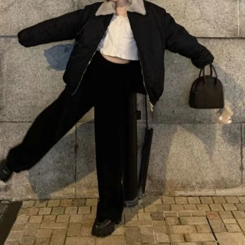 سترة مبطنة كلاسيكية كاجوال للطيار سترة مبطنة باللون الأسود للنساء سترة شتوية مبطنة