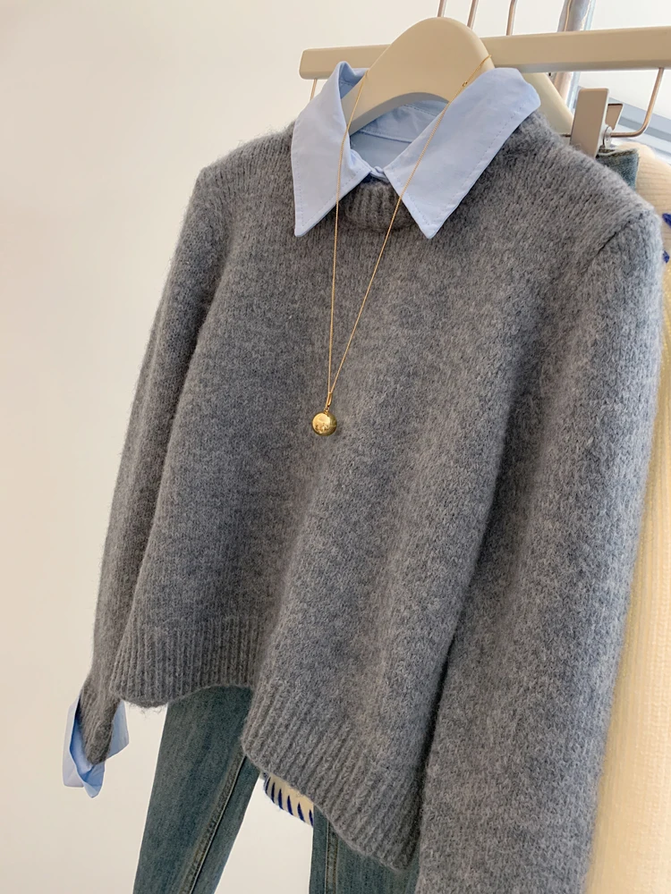 Thiened オーバーサイズ irt デザイン レディース セーター プルオーバー スレ スプライシング パターン 暖かい 秋冬 襟付き ロングスリーブ