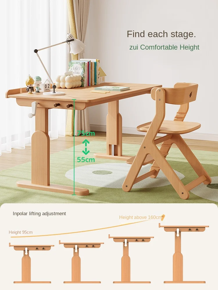 CX Solid Wood Study Table Junior High School Student Only for Pupils Writing Table and Chair Adjustable