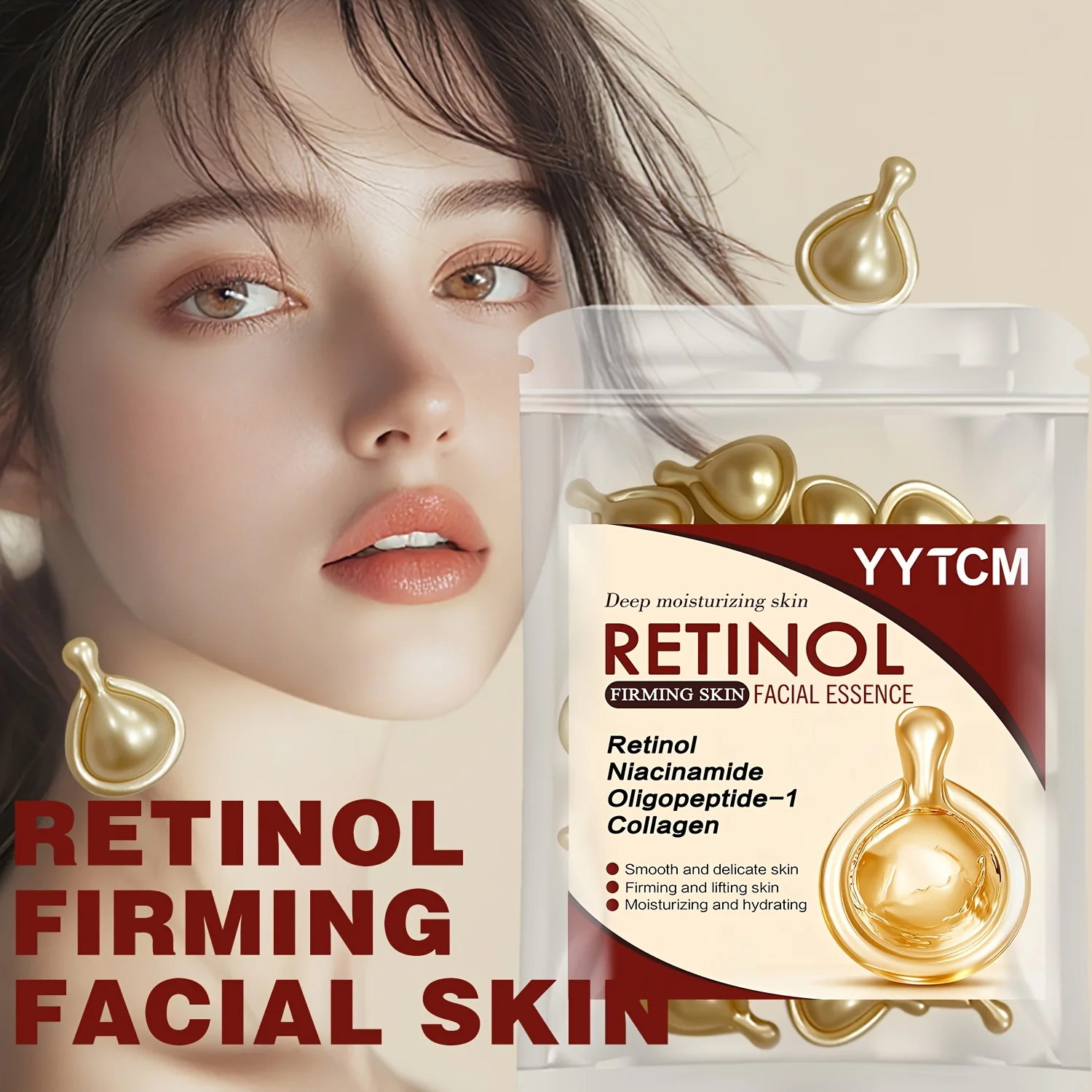 كبسولات ريتينول لشد الوجه لترطيب الوجه، جوهر ريتينول للوجه، تحتوي على الكولاجين المتحلل والنياسيناميد والترطيب العميق (0.5 جرام × 30 كبسولة)/كيس -1 كيس #3