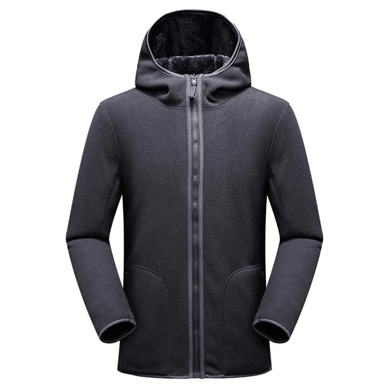 Mens Winter Fleece Double-sided Plush Tactical Hiking Jacket Outdoor Hooded Full Zip Thick Warm Ski Travel Work Fleece Outerwear