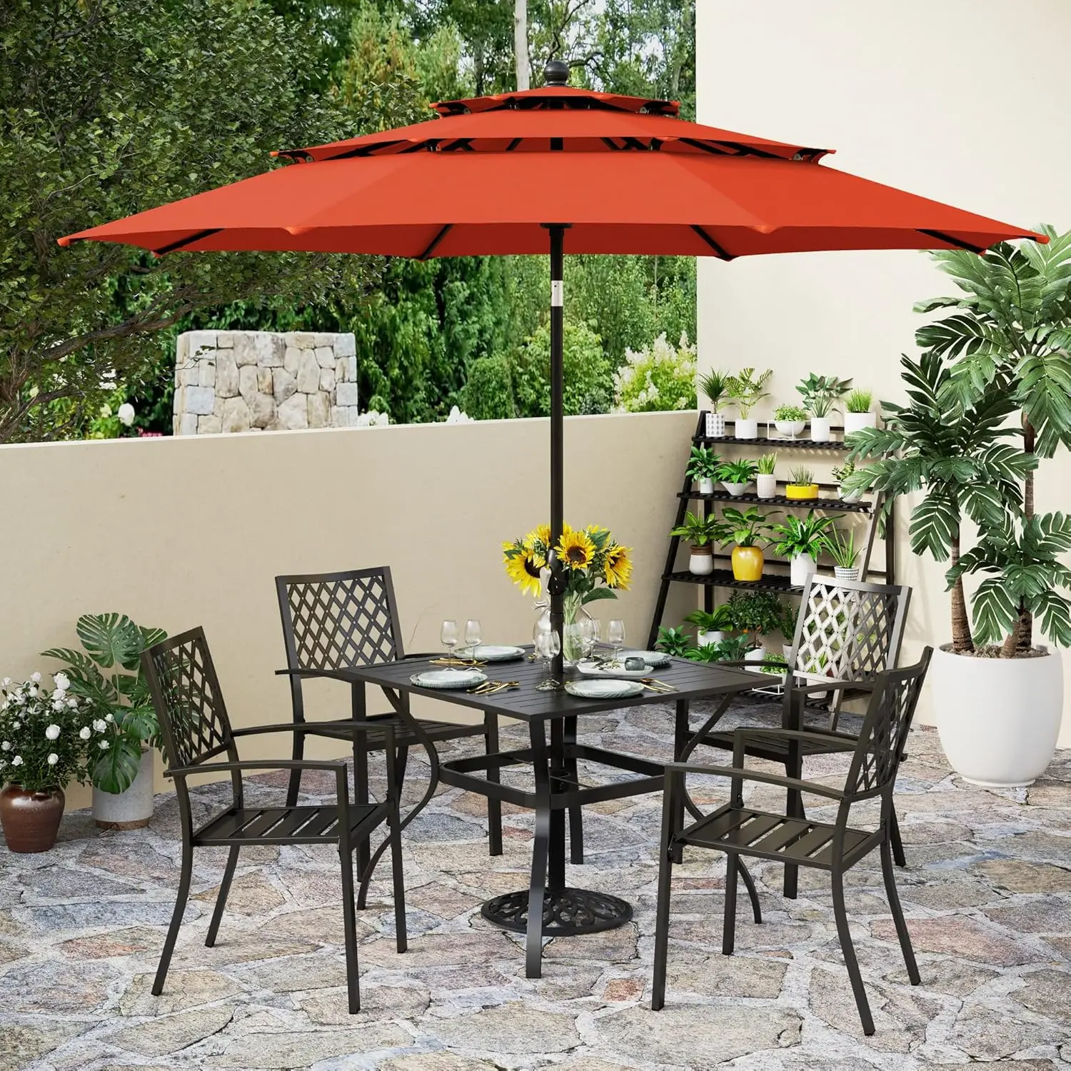 

Outdoor Dining Set 6 PCS with 10ft 3-Layer Round Umbrella(Orange Red),1 Square 37"x 37"Dining Table