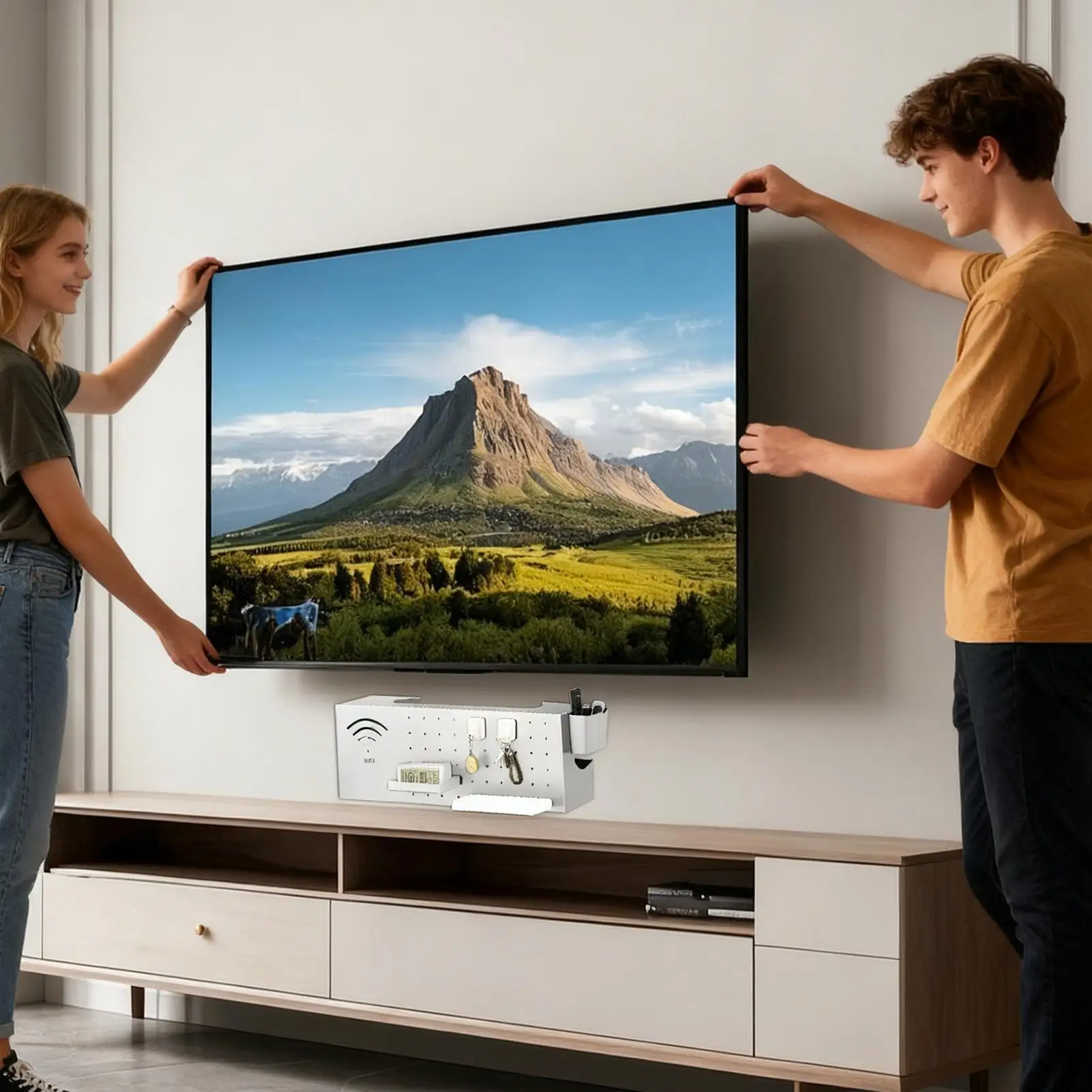 

Ящик для хранения маршрутизатора, настенное крепление, многофункциональный органайзер из углеродистой стали, устройство для интернет-коробки для электроники, сетевая розетка, выход