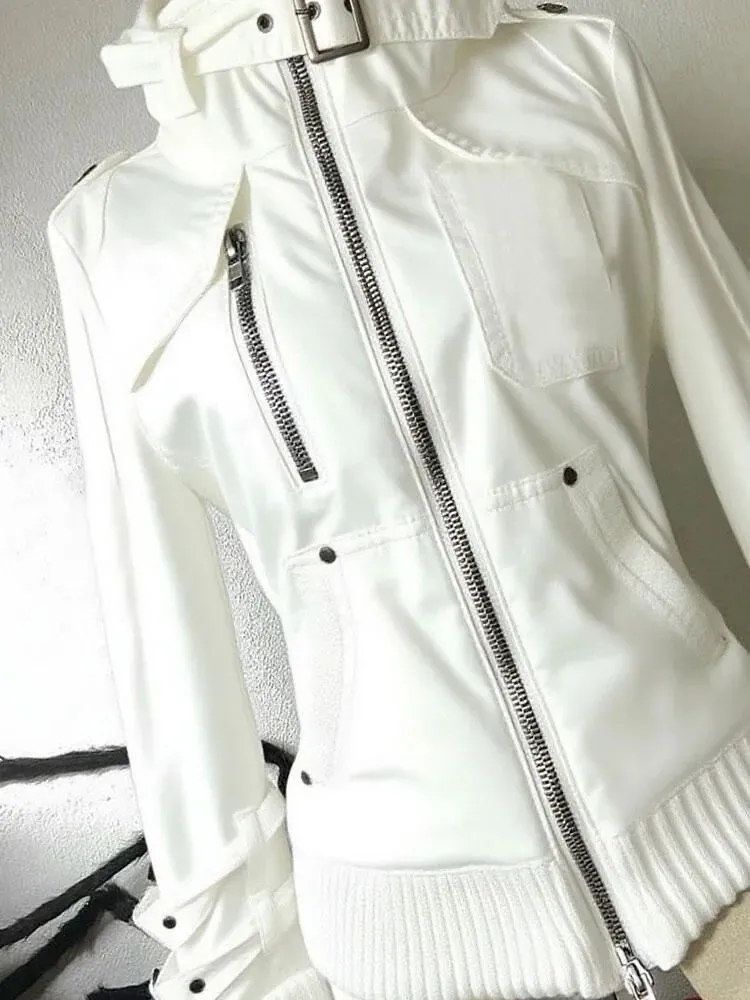 Harajuku Y2K Jacket Ladies White Tooling Stand-up Collar Jacket Women's Autumn 2026 New White Outerwear Slim Top