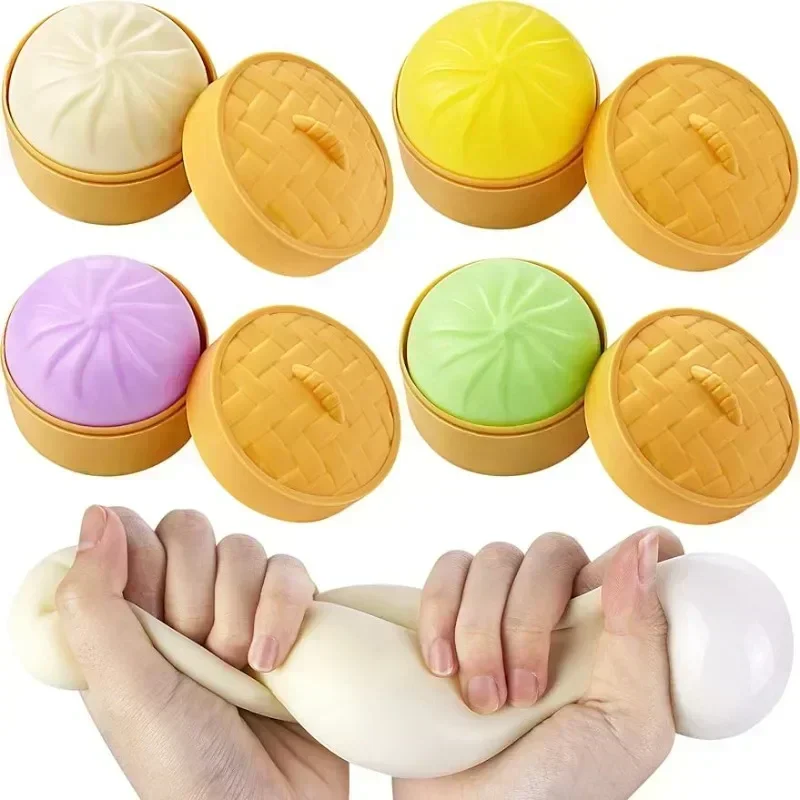 Colorful Dumpling Stress Balls Fidget Sensory Toy Squeeze Dough Ball Stress Relief Hand Toy Bun with Food Steamer Stretchy Desk