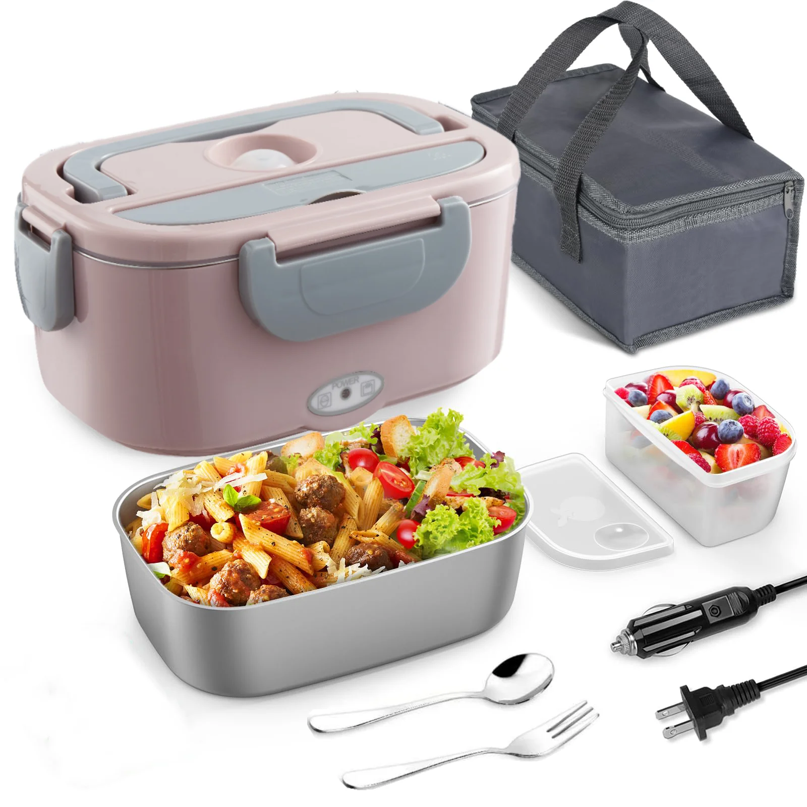 Fiambrera eléctrica: calentador de alimentos portátil de 12V/24V/110V con contenedor de acero inoxidable a prueba de fugas de 1,5L y bolsa aislante para coche/hogar