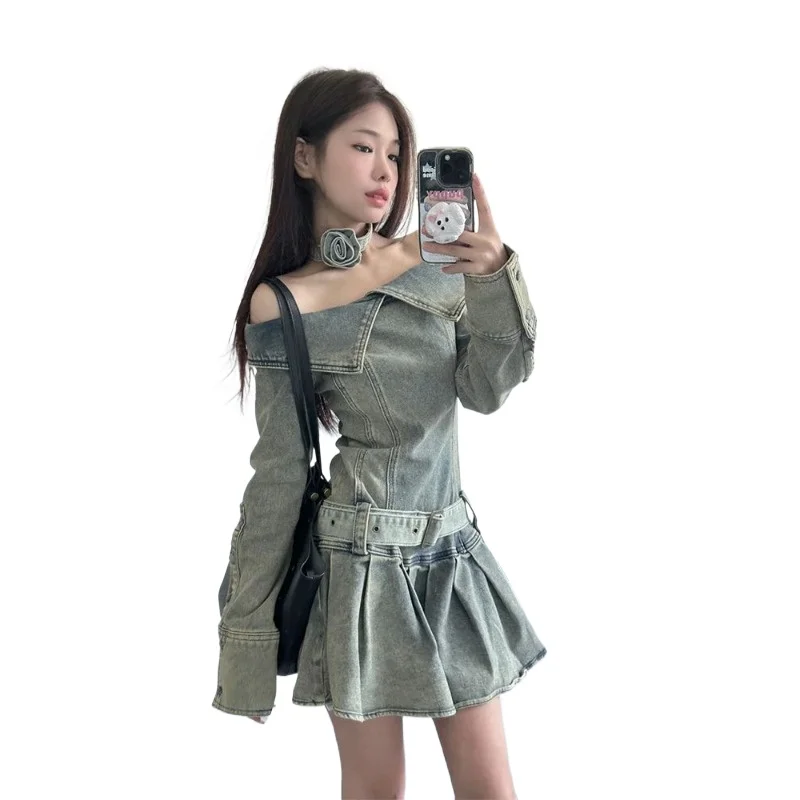 

Hot Girl Retro American One-piece Long-sleeved Denim Dress, New Spring and Autumn Short Skirt, Slimming Pleated Strapless Dress