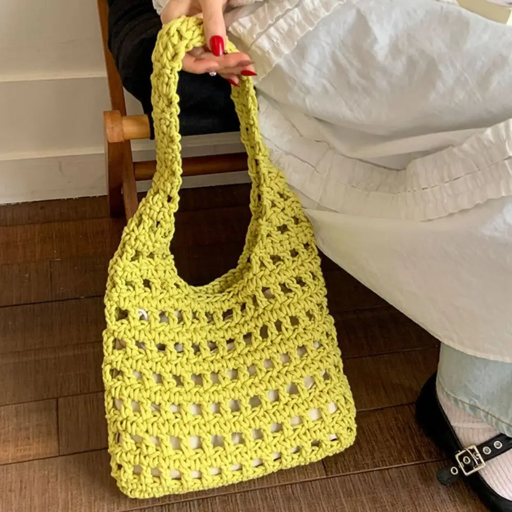 

Вязаная сумка-тоут в корейском стиле с ажурным плетением, плетеная сумка для отпуска, однотонная вязаная сумка через плечо на каждый день