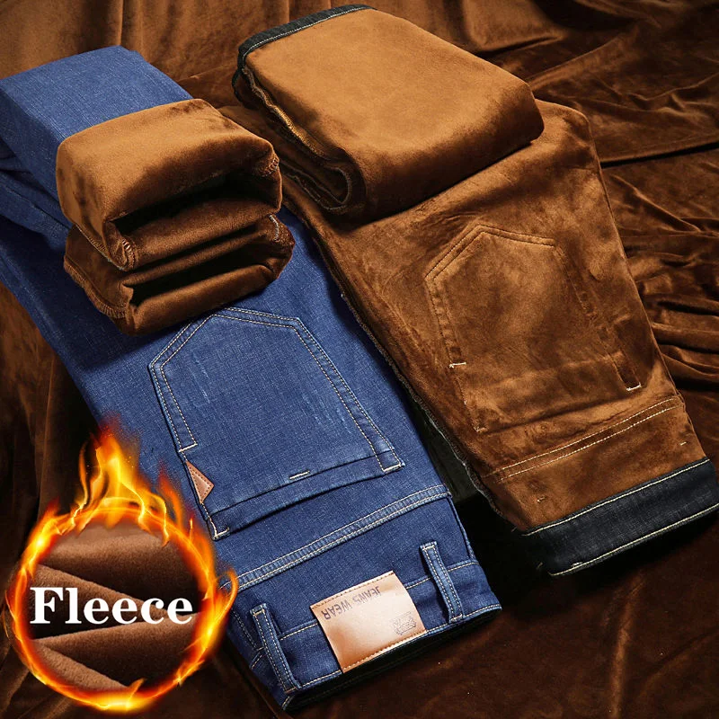 Winter Fleece Warm Men's Jeans Business Fashion Straight  Blue Stretch Denim Trousers Classic Men's Pants Plus Size 28-40