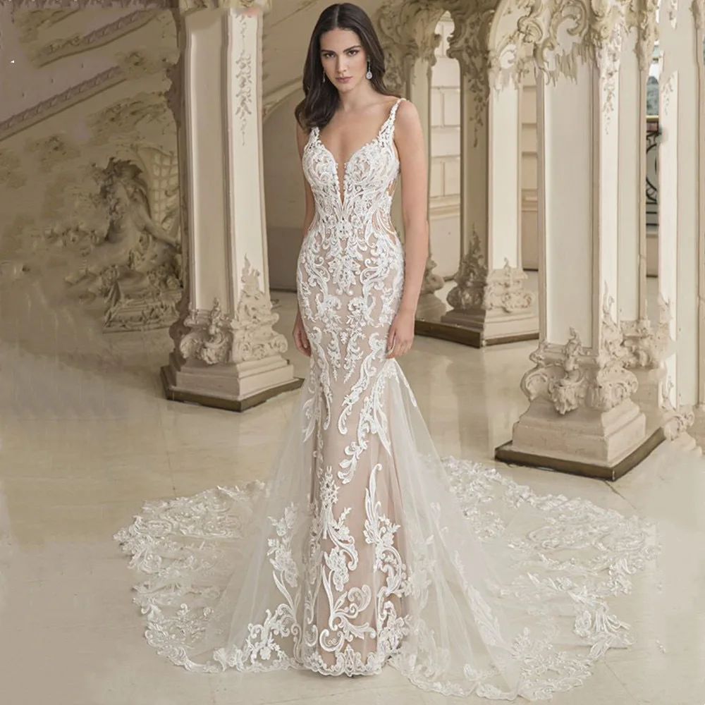 

Customized Long train Mermaid Lace Sleeveless Wedding Dresses 2025