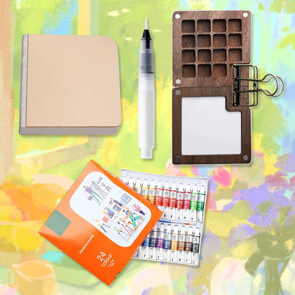 Travel Paint Palette Pocket Artist Watercolor Set with Clip Portable Watercolor Set Wooden Grid Paint Box Gift for Kids
