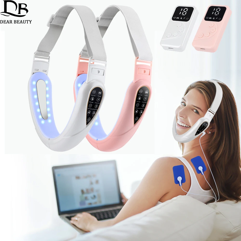 EMS Face Lifting Machine Slimming Belt LED Photon Therapy TENS Pulse Facial Massager Remove Double Chin Band With Massage Patch