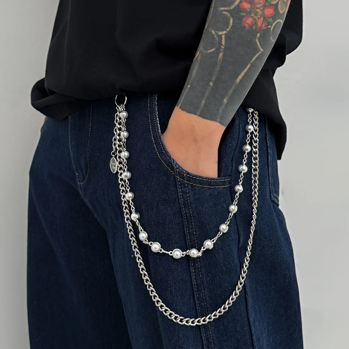 Salircon Hip Hop Punk Imitation Pearls Jeans Pants Keychain for Men Gothic Beads Pants Chain Street Harajuku Jewelry Accessories