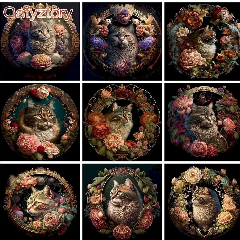 

GATYZTORY Picture By Number Wreath Cat DIY Frame Painting By Numbers Animal On Canvas For Adults Home Decoration Gift 50x65cm