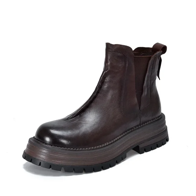 Birkuir retro plataforma plana de pelúcia chelsea botas para mulheres deslizamento em botas de neve 2024 couro genuíno luxo botas de tornozelo de salto grosso