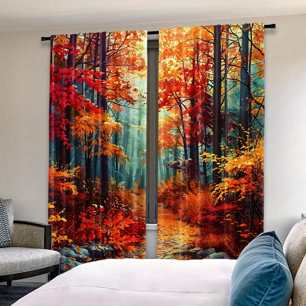 Autumn Forest Curtain Panels,Vibrant Fall Maple Trees Stone Path Foliage Nature Print Drapes for Rustic‑Style Bedroom Home Decor