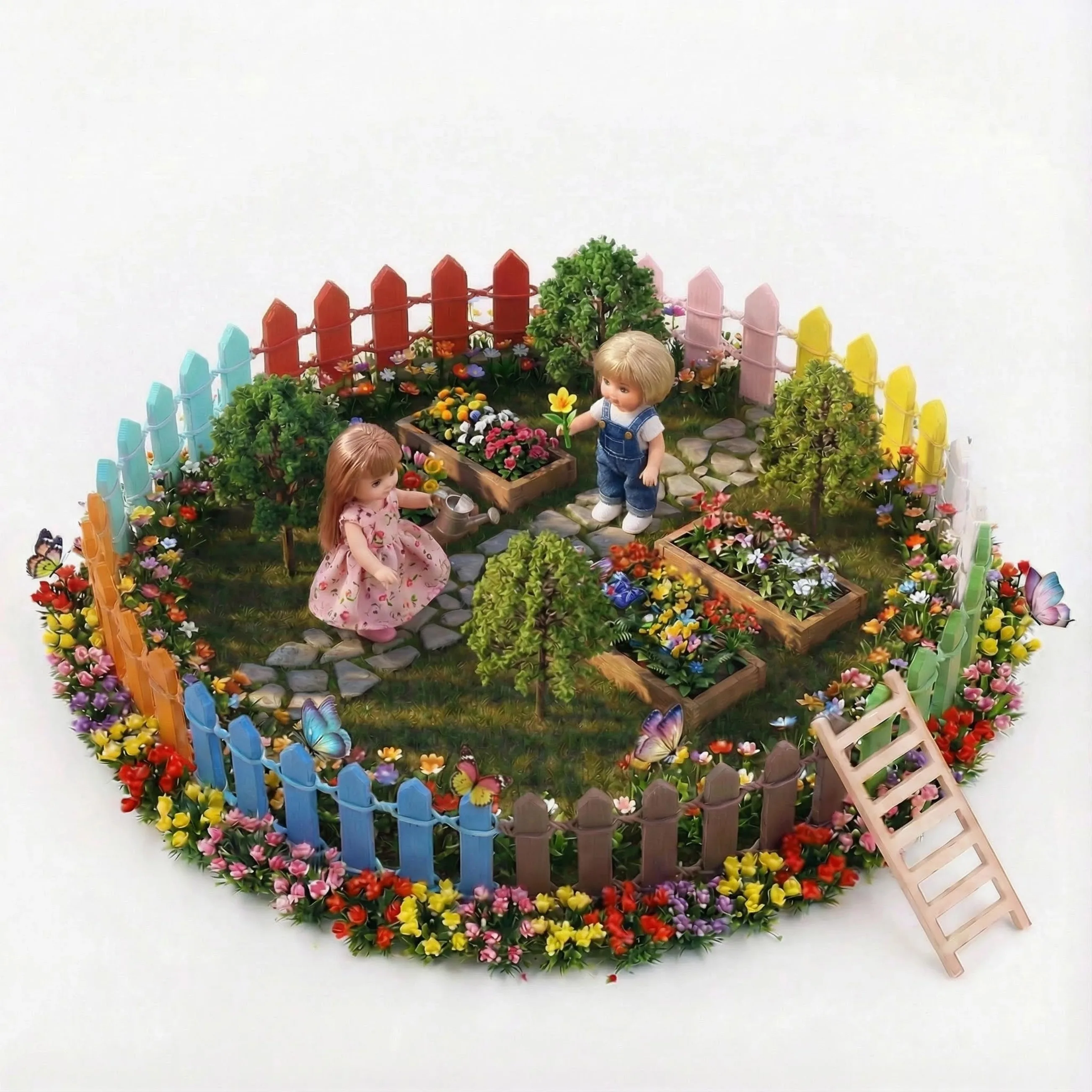 Geschikt voor mini miniatuur poppenhuisaccessoires, kleurrijk opvouwbaar hekwerk, houten laddermodel, kindercadeau