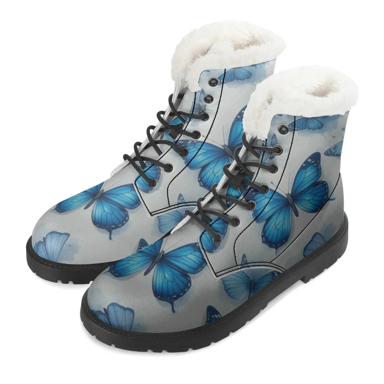 Butterfly print mid-calf plush boots suitable for both men and women for keeping them warm in winter