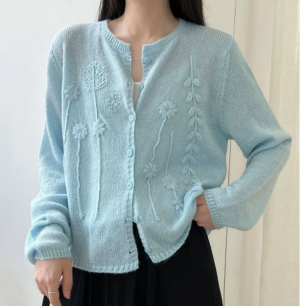 سترة نسائية من الصوف 15% 8% موهير بياقة دائرية وتطريز على شكل زهرة معطف محبوك سترات رفيعة ملابس علوية للنساء سترة #1