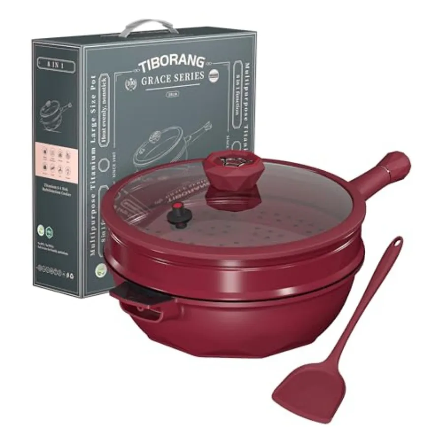 

8 in 1 Multipurpose 11 Inch 5 Quart Heat Indicator Nonstick Deep Frying Pan with Glass LidStay-cool Handle Steamed Grid PFOA-Fr