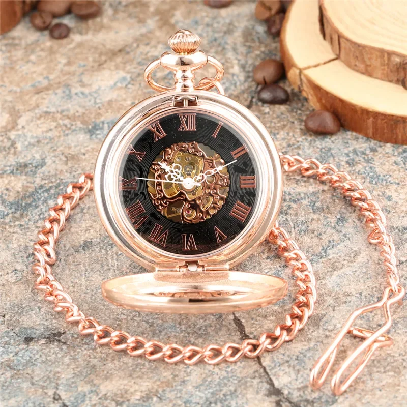 Retro Gold Hollow Out Knot Case Men Women Hand-winding Mechanical Pocket Watch Roman Numberal Skeleton Clock FOB Chain Gift