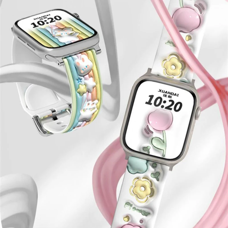 애플 워치용 3D 실리콘 스트랩, 울트라 49mm, 38mm, 40mm, 41mm, 45mm, 44mm, 42mm 패턴 인쇄 손목 밴드, 아이워치 시리즈 8, 7, 654 SE용