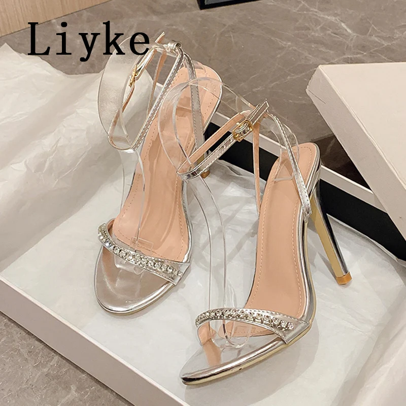 Liyke Gladiator Women Sexy 11CM Stiletto Sandals Crystal Narrow Band Open Toe Summer Silver High Heels Ladies Party Dress Shoes