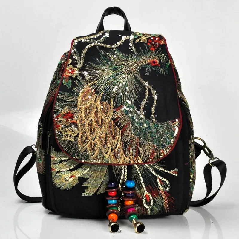 Female Travel Shoulder Rucksack Retro Design Canvas Backpack Women Large Capacity Ethnic Backpack Handmade Embroidered Knapsack