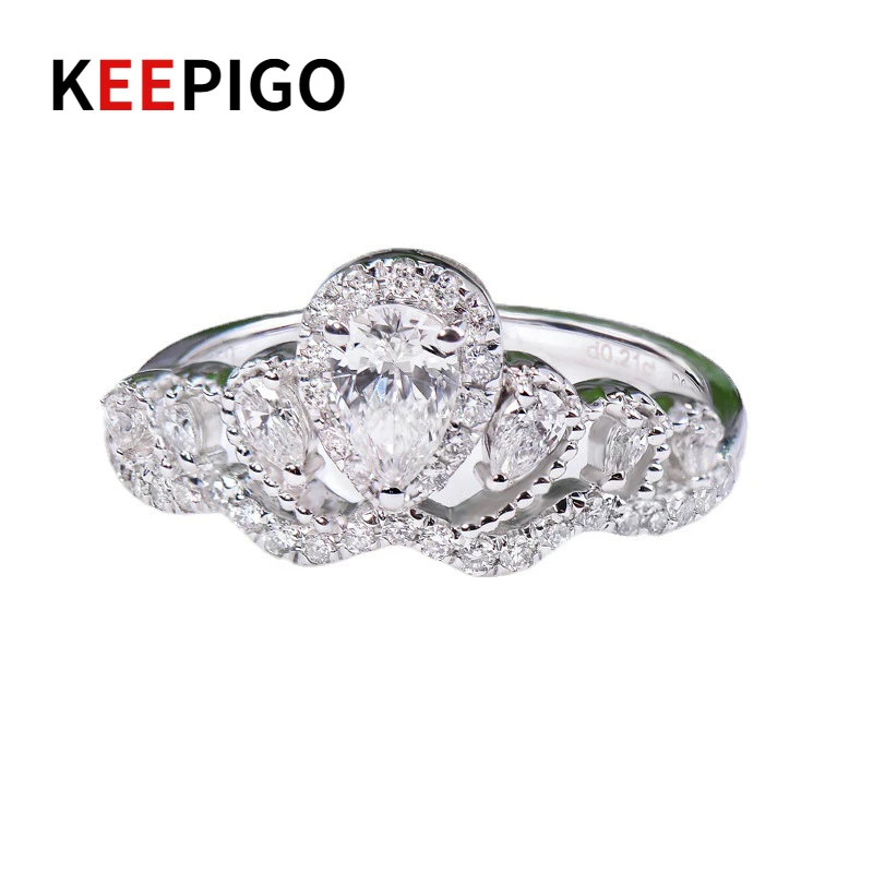 

KEEPIGO S925 Sterling Silver 18K White Gold Water Drop Ring Crown Ring Fashion Elegant Women's Wedding Diamond Ring ra064