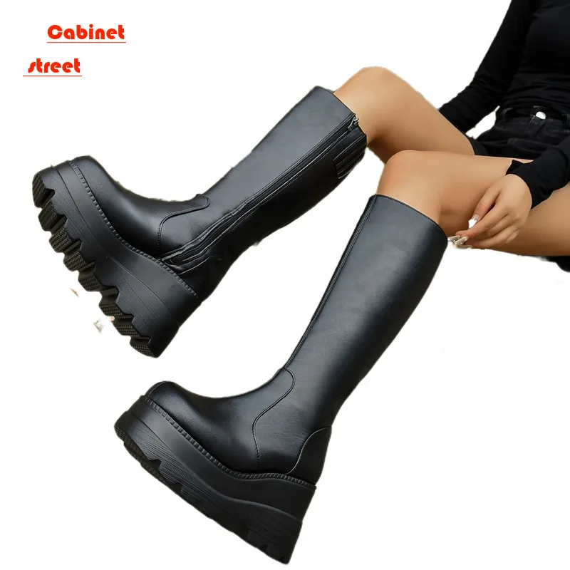 Plus Size Wedge Thigh High Women Mid Calf Boots Small Girth Gothic Platform Biker Rider No More Than Knee Length Skinny Shoes