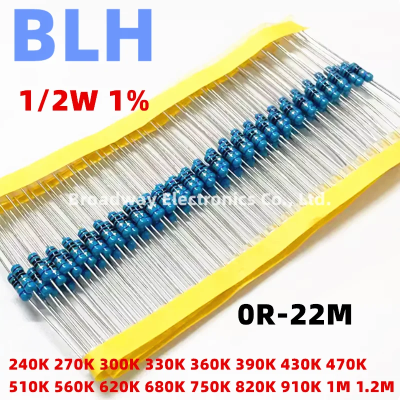 100PCS 1/2W 1% Metal Film Resistor 0.5W 240K 270K 300K 330K 360K 390K 430K 470K 510K 560K 620K 680K 750K 820K 910K 1M 1.2M ohm