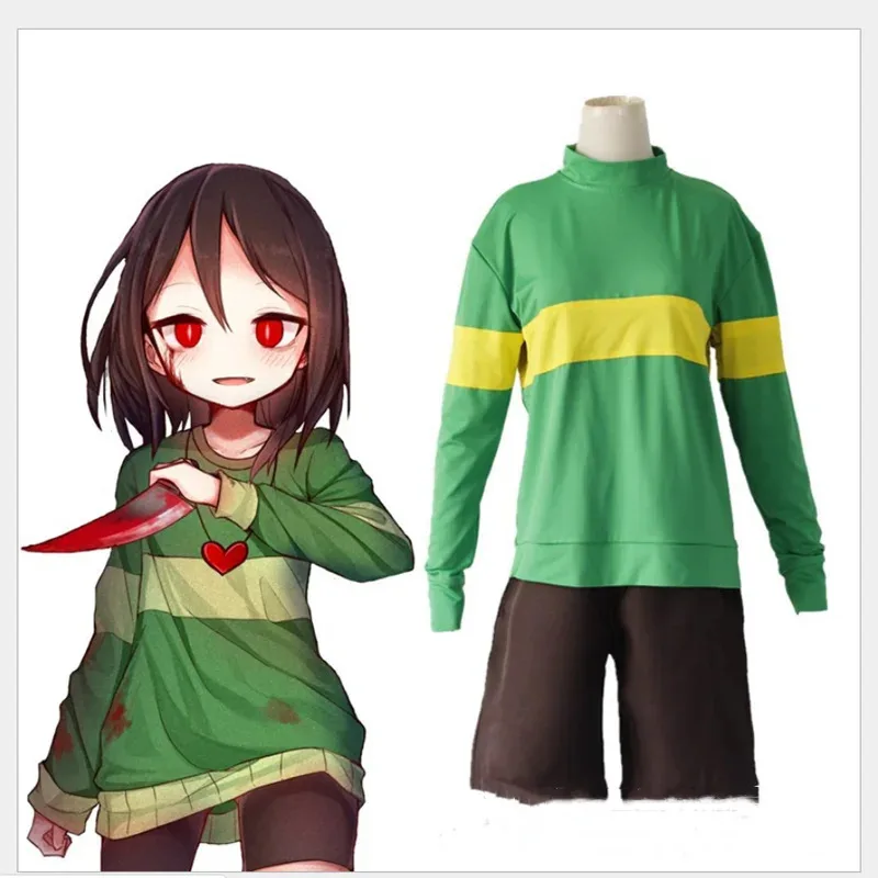 Juego de Anime para adultos Chara Frisk Undertale, disfraz de Cosplay, sudadera, cuello alto, chaqueta de manga larga, pantalones cortos, cuchillo, collar de corazón