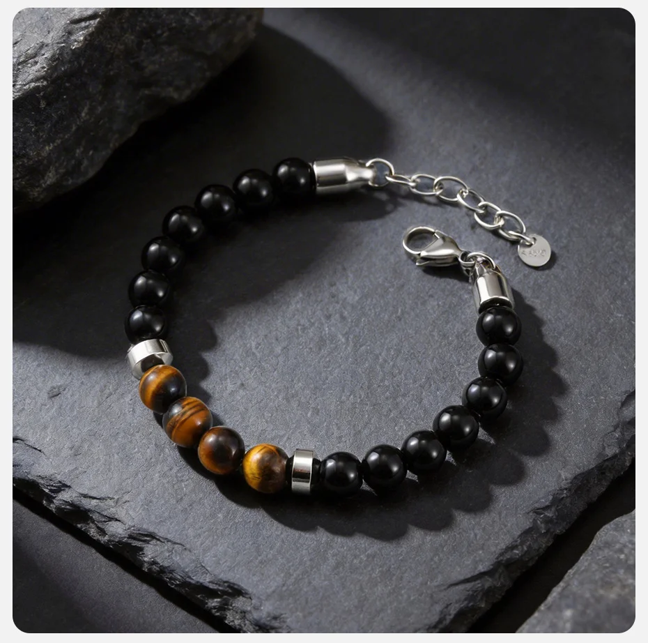 Vnox Tigerauge-Stein Perlenarmband für Männer, Edelstahl-Abstandhalter 8mm Perlen Verstellbares 19-22cm Armband Trendiger Schmuck Geschenk – Detail 6