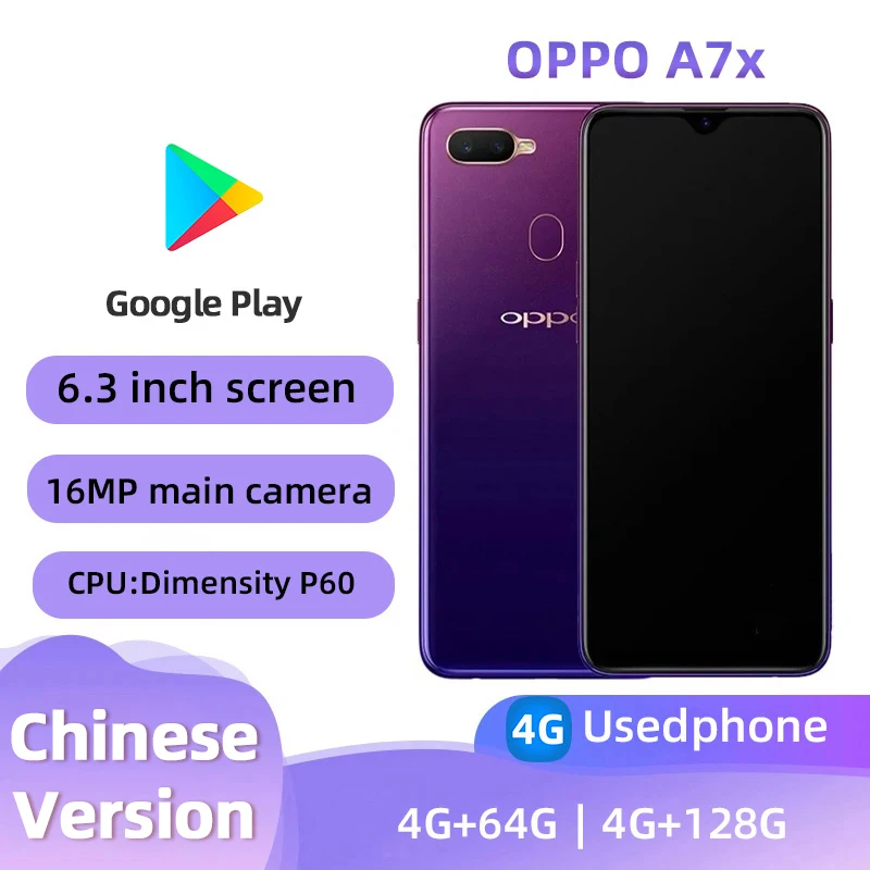 oppo A7x 4G Android CPU MediaTek Dimensity P60 6.3 inches SmartPhone Screen ROM 64GB/128GB 3500mAh Charge 16MP Camera used phone