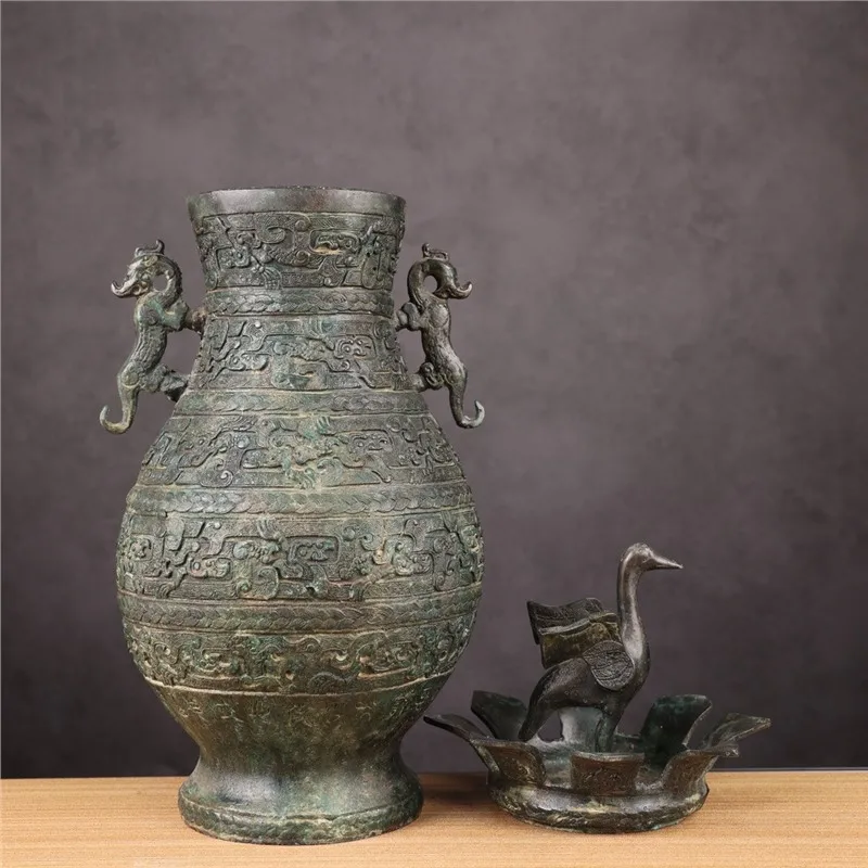 Antique Bronze Ware Vase Decoration Crane Wings Cylinder Bottle Home Gift Living Room Decorative Flower Arrangement Crane Pot Co