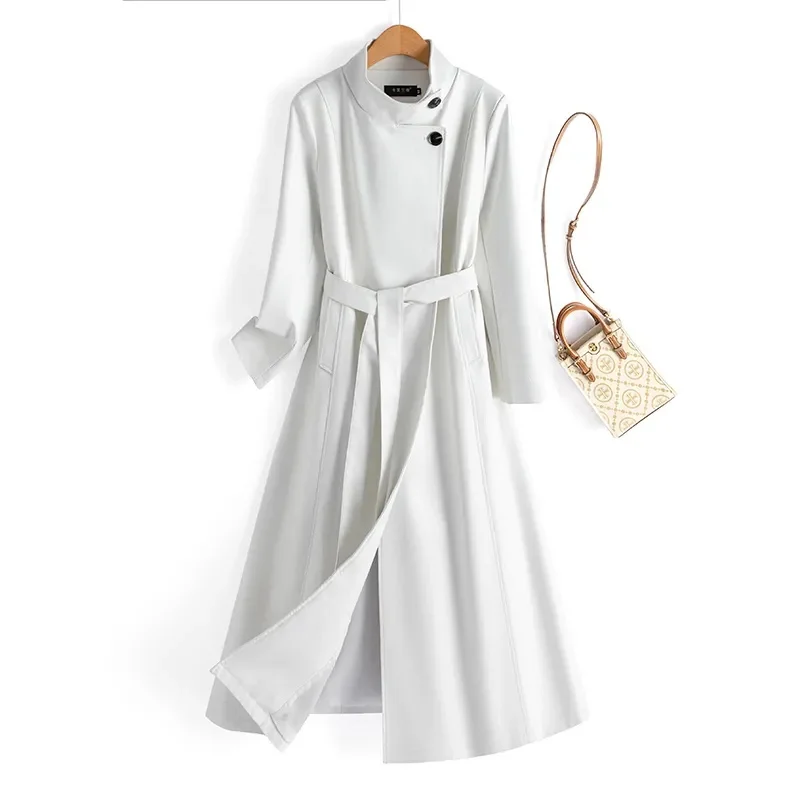 Cappotto in pelle da donna nuovo primavera autunno elegante moda colletto alla coreana manica lunga trench lungo cappotto casual in pelle crosta