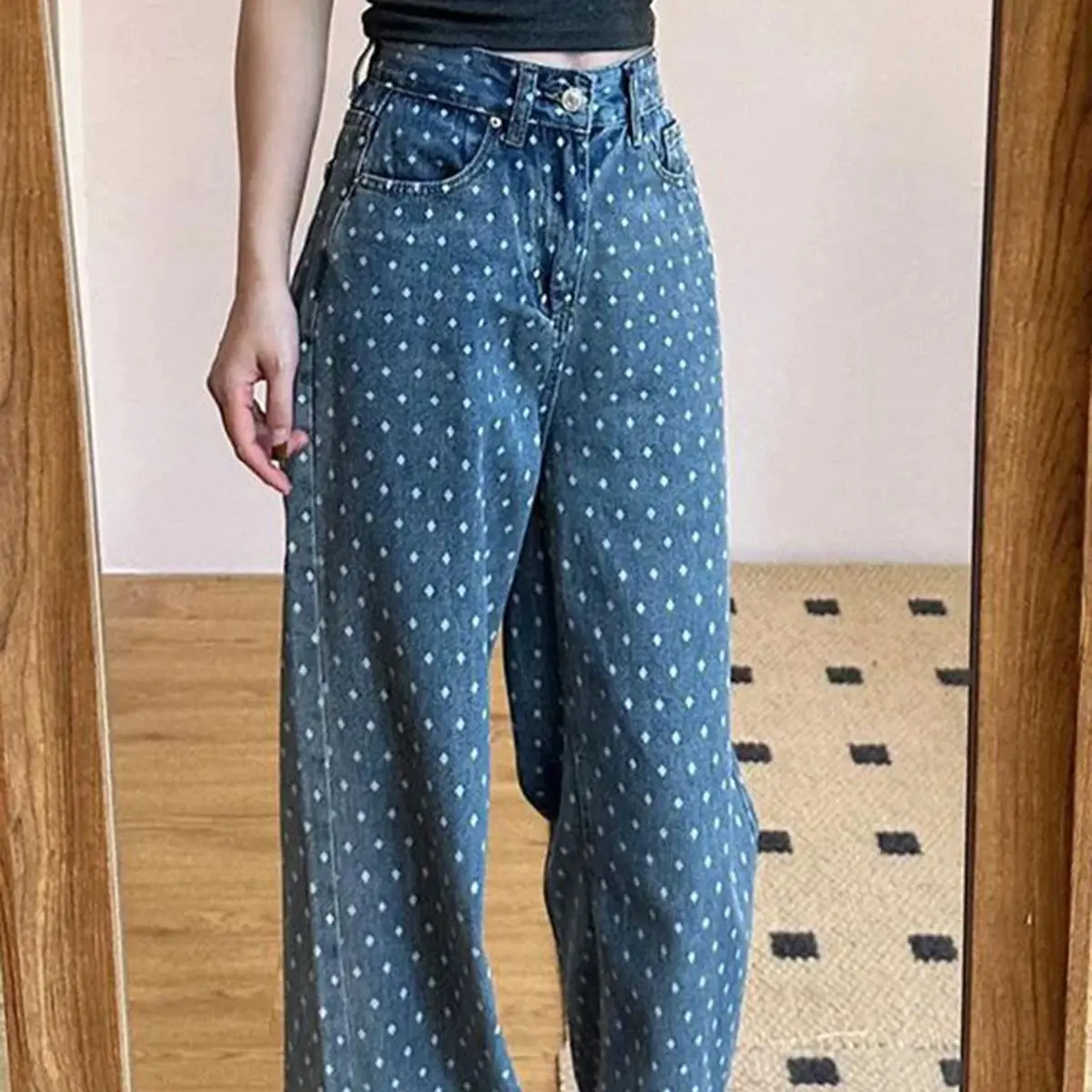 

Jeans Wave Point Blue High Waist Straight Baggy Denim Pants Europe And America Fashion Large Size Y2K Female Wide Leg Trouser